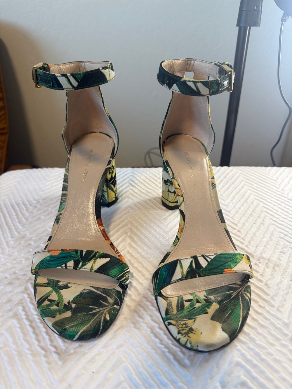 Stuart Weitzman Tropical Floral Ankle-Strap Block Heels in Green and Cream
